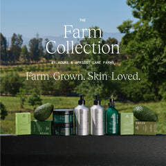 Acure and Apricot Lane Farms skincare products with a farm background