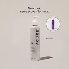 A bottle of ACURE Bonding Shampoo with a pump dispenser next to a circle showing the old packaging and a text calling out: New look, same proven formula