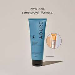 A tube of ACURE Daily Workout Conditioner against a neutral  next to a circle displaying old branded packaging and text calling out: New look , same proven formula