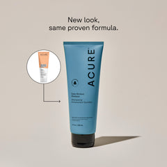 A tube of ACURE Daily Workout Shampoo next to a circle displaying old packaging and text calling out: New look , same proven formula