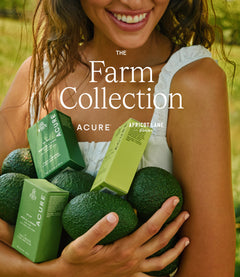 Woman holding avocados and Acure products with 'The Farm Collection' text.