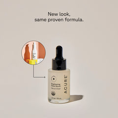 A clear glass bottle with a dropper containing the Brightening Glow Serum, labeled with the brand ACURE next to a circle displaying old packaging and text calling out: New look , same proven formula