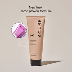 A tube of ACURE Calming Itch & Irritation Lotion next to a circle displaying old packaging and text calling out: New look , same proven formula