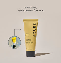 A tube of ACURE Brightening Day Cream next to a circle displaying old packaging and text calling out: New look , same proven formula
