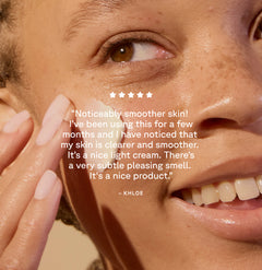 Woman applying Brightening Day Cream 'on the background - customer review: Noticeably smoother skin! I've been using this for a few months and I have noticed that my skin is clearer and smoother. It's a nice light cream. There's a very subtle pleasing smell. It's a nice product " - Khloe