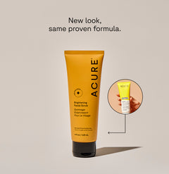 A tube of ACURE Brightening Facial Scrub next to a circle displaying old packaging and text calling out: New look , same proven formula