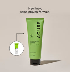 Curiously Clarifying Conditioner tube next to a circle displaying old branded packaging and text calling out: New look , same proven formula