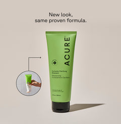 Curiously Clarifying Shampoo tube next to a circle displaying old branded packaging and text calling out: New look , same proven formula