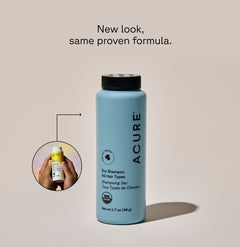 A bottle of ACURE dry shampoo next to a circle displaying old packaging and a text calling out: New look, same proven formula