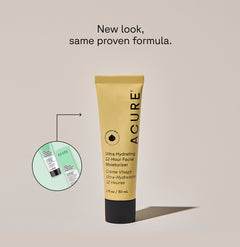 Ultra Hydrating 12 Hour Facial Moisturizer yellow tube next to a circle displaying old packaging and a text calling out: NEw look, same proven formula
