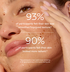 Woman applying Acure Zombie Clarifying Mask and results based on a study of 29 participants - 93% of participants felt their skin was smoother/improved texture and 90% of participants felt their skin looked more radiant