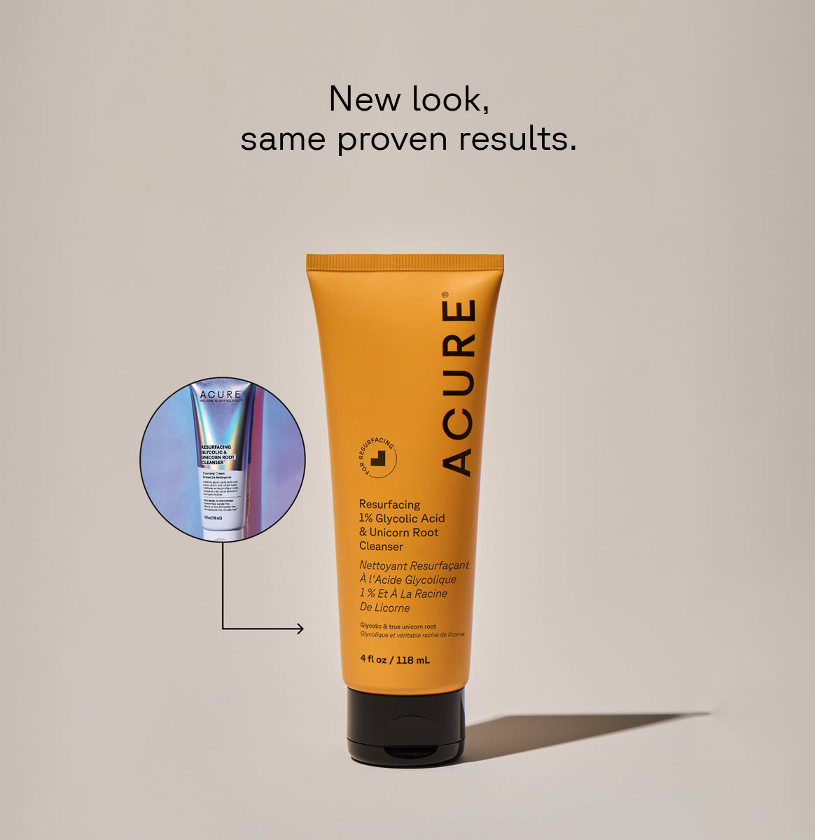 Resurfacing 1% Glycolic acid and unicorn root cleanser yellow tube next to a circle displaying old packaging and text calling out: New look , same proven formula