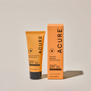 Seriously Soothing SPF day cream SPF 30 tube next to its packaging on neutral background