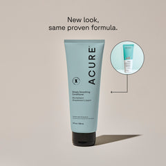 A tube of ACURE Simply Smoothing Conditioner  next to a circle displaying old branded packaging and text calling out: New look , same proven formula