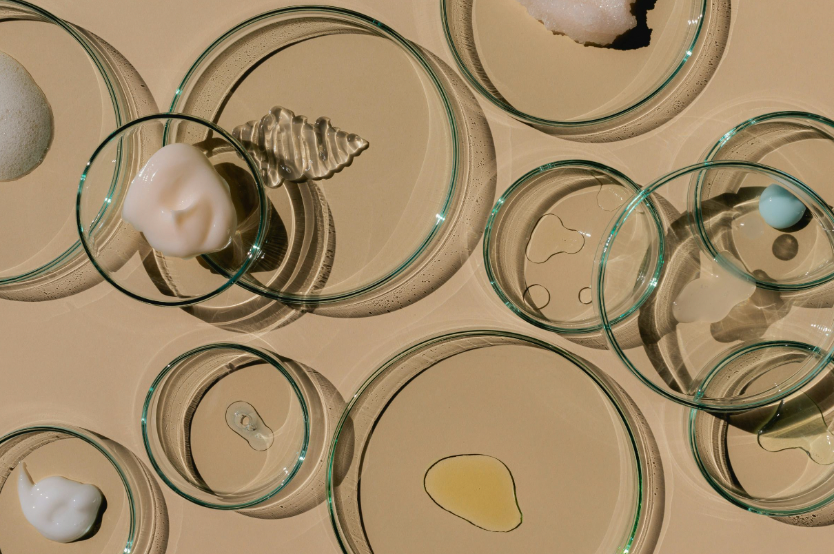 Skincare ingredients in glass trays