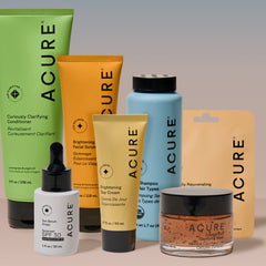 Collection of Acure skincare products on a neutral background