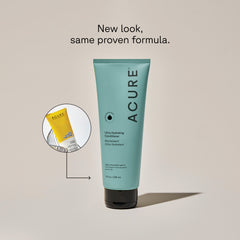 A tube of ACURE Ultra Hydrating Conditioner next to a circle displaying old branded packaging and text calling out: New look , same proven formula