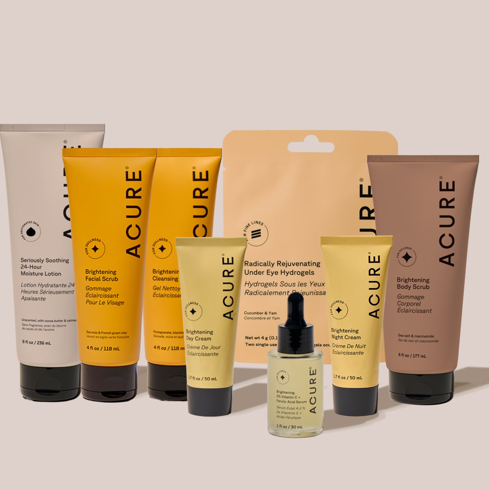 Acure Ultimate brightening kit for radiant, hydrated and bright skin including Seriously Soothing 24- Hour moisture lotion, Brightening facial scrub Brightenting cleansing gel, BRightening day cream, Radically rejuvenating under eye hydrogels, brightening 2% Vitamin C+ Ferulic acid serum, Brightening Night cream and Brightening body scrub