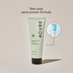 A tube of ACURE volumizing shampoo for fine hair, with a mint green label next to a circle displaying old packaging and a text calling out: New look, same proven formula