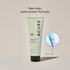 A tube of ACURE Vivacious Volume Conditioner next to a circle displaying old packaging and a text calling out: New look, same proven formula