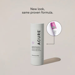 A white cylindrical container of ACURE Magnesium Deodorant with lavender and coconut, featuring product information and branding next to a circle displaying old packaging and a text calling out: New look, same proven formula