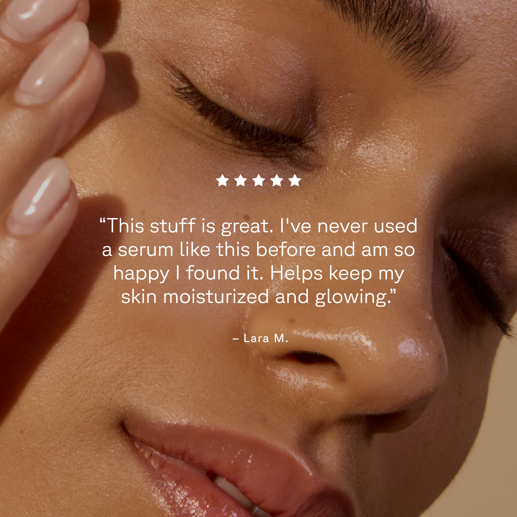 Close-up of a person's face with a product review text overlay.