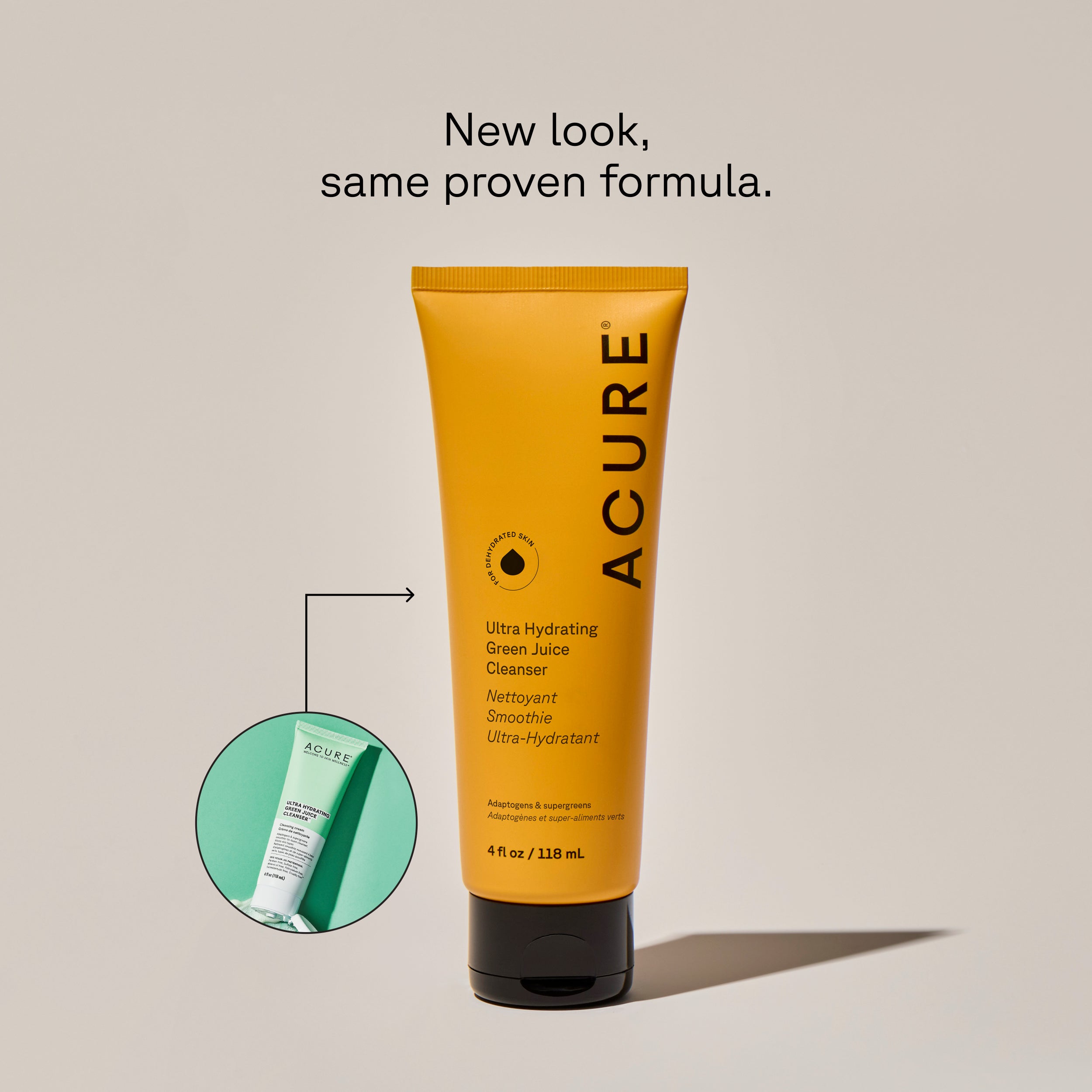 A tube of ACURE Ultra Hydrating Green Juice Cleanser next to a circle displaying old packaging and text calling out: New look , same proven formula