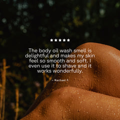 Body with oil wash and review text on a dark background
