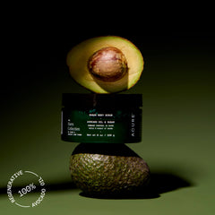 Avocado and Acure Farm collection body scrub with organic oil on a dark background