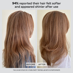 Before and after comparison of hair with text indicating improvement in softness and shininess.