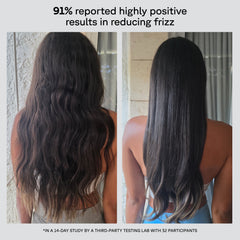 Before and after comparison of hair with text about frizz reduction results.