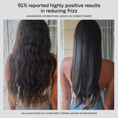 before and after images using the advanced hydration leave-in conditioner ttalking about positive results in reducing frizz