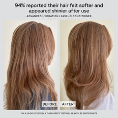 before and after using advanced hydration leave in conditioner mentioning softer and shinier hair