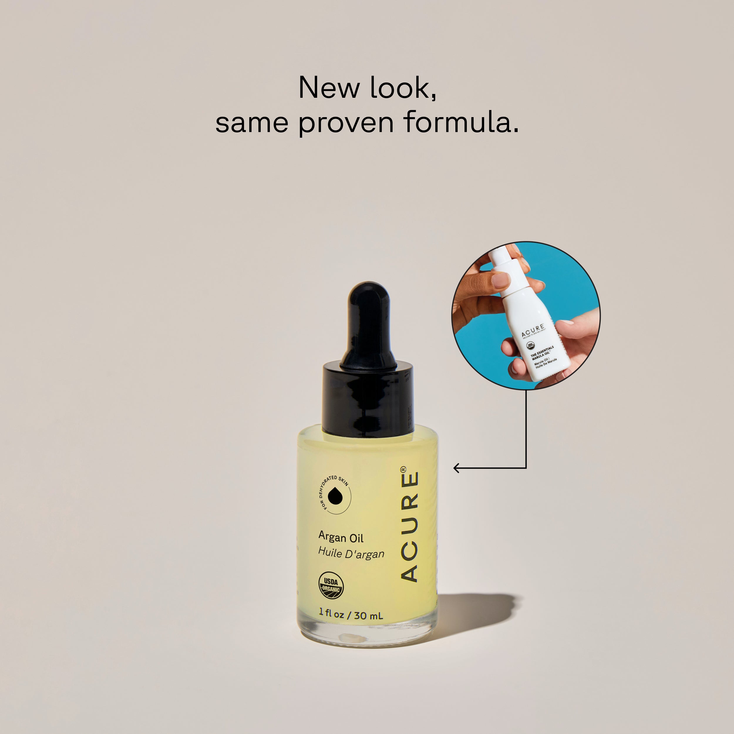 A clear glass bottle with a dropper containing organic Argan Oil next to a circle displaying old packaging and text calling out: New look , same proven formula 