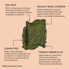 Brightening Facial Scrub product information graphic on a peach background, showing a textured green scrub sample with callout labels for Sea Kelp, Walnut Shell Powder, Lemon Peel, and French Green Clay ingredients.