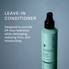 Acure leave-in conditioner bottle with text on a gray background