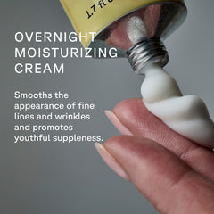 Hand applying cream from a tube with text about overnight moisturizing cream.
