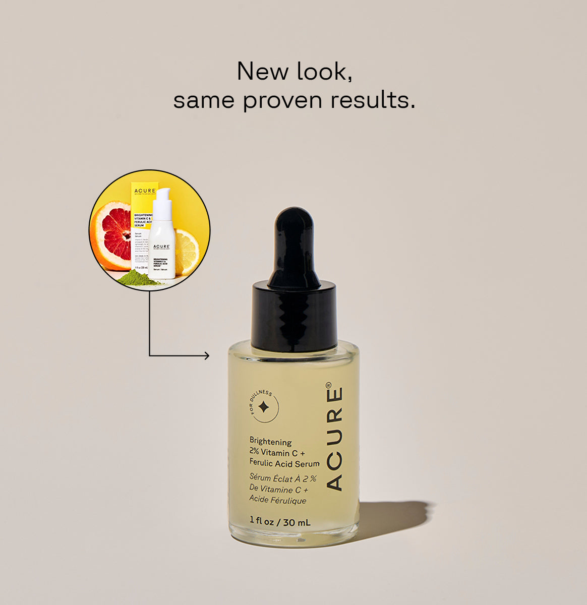 A clear glass bottle with a dropper containing Brightening 2% Vitamin C & Ferulic Acid Serum next to a circle displaying old packaging and text calling out: New look , same proven formula