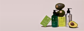 Avocado-themed skincare products with avocados on a beige background