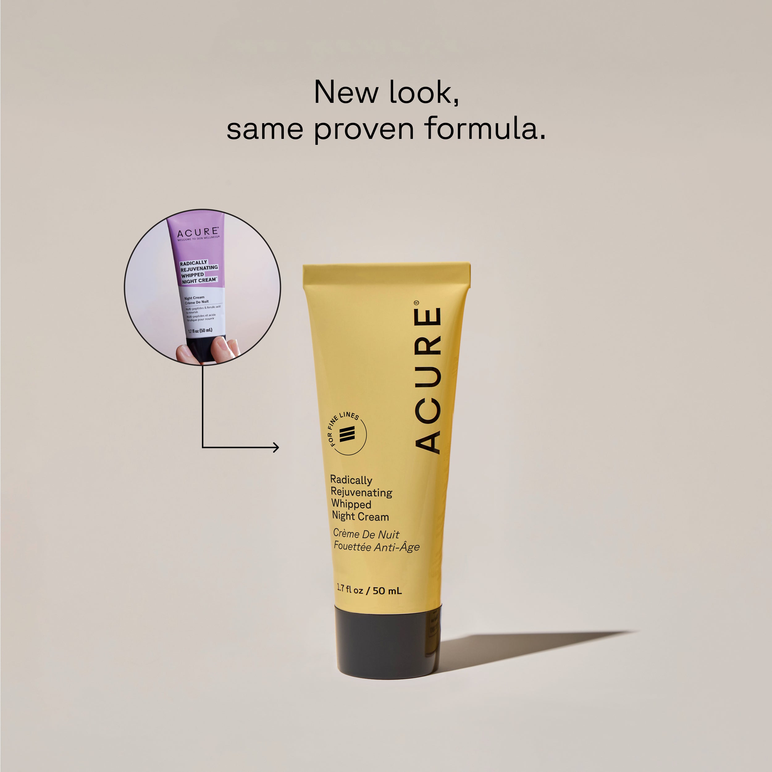A yellow tube of ACURE Whipped Night Cream next to a circle displaying old packaging and text calling out: New look , same proven formula