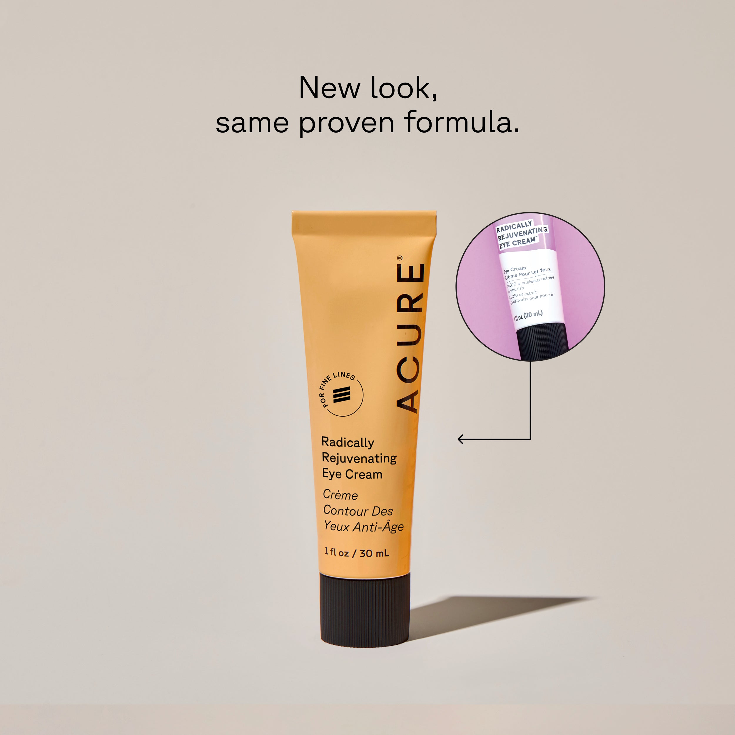 A tube of ACURE Radically Rejuvenating Eye Cream next to a circle displaying old packaging and a text calling out: New look, same proven formula