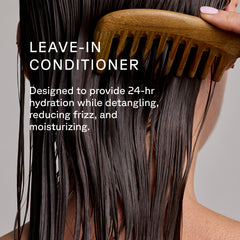 Person using a wooden comb on wet hair with text about leave-in conditioner benefits.