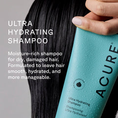Woman dark wet hair holding a tube of ultra hydrating acure shampoo with verlayed text featuring benefits of the product