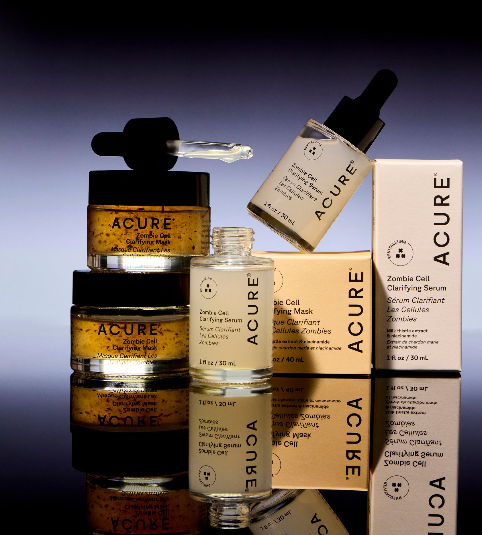 Zombie claryfing collection including Zombie cell mask glass jar and Zombie cell clarifying serum glass bottle and its packagings- eliminates  zombie skin cells, the lurking culprit of the signs of premature aging.