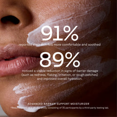 Close-up of skin with moisturizer applied, showing text about product effectiveness.
