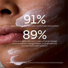 Close-up of skin with cream applied, showing text about skin comfort and reduction of barrier damage.