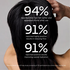 Person with long black hair, showing text about hair product results on a gray background