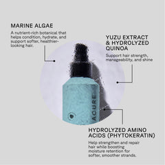 Acure hair care product with text on marine algae, yuzu extract, hydrolyzed quinoa, and hydrolyzed amino acids.
