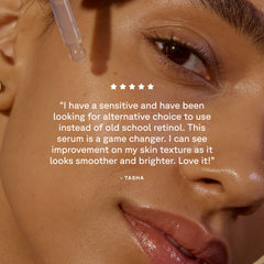 Close-up of a woman's face with a dropper applying serum, featuring a five-star rating and review text.