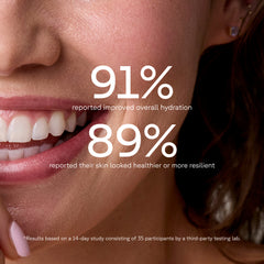 Close-up of a woman's face with text highlighting skincare benefits